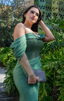 VESTIDO DE FIESTA VERDE OLIVO CON INCRUSTACIONES