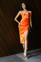 VESTIDO NARANJA SANTINADO CORTE MIDI