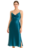 Teal Satin Cowl-Neck Slip Dress