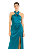 Teal Satin Twisted Halter Gown